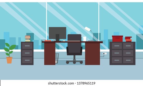 Coworking office interior modern center creative workplace environment horizontal banner empty workspace flat vector illustration .