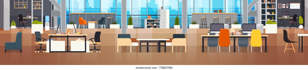 Coworking Office Interior Modern Coworking Center Creative Workplace Environment Horizontal Banner Flat Vector Illustration