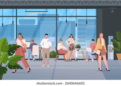 Coworking, office interior, modern center.Young entrepreneurs, freelancers or colleagues actively sharing ideas, talking and working together at laptops, computers, meeting tables, desks 