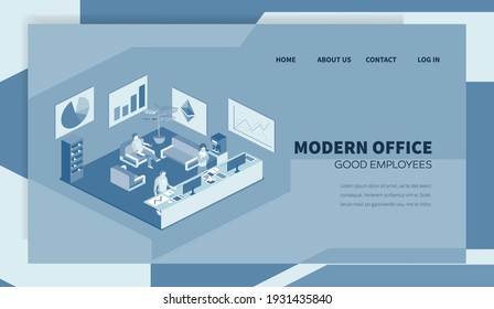 Coworking office isometric landing page. People working with computers in coworking open space area situation. Modern business community, coworkers in contemporary workspace perspective flat design.