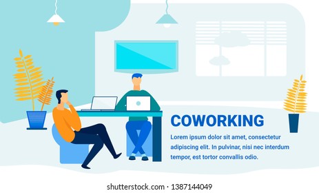 Coworking Office Promotion Flat Banner Template. Modern Workspace, Working Environment Advert Typography with Text Space. Male Designers, Programmers, Freelancers Using Laptops Cartoon Characters