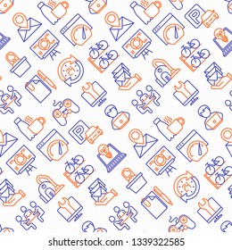 Coworking office seamless pattern with thin line icons: workplace, meeting room, conference hall, smart office, parking, reception, legal address, fast internet. Vector illustration.