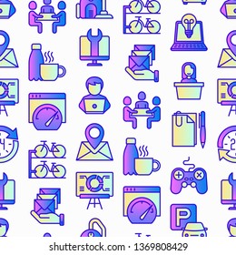 Coworking office seamless pattern with thin line icons: workplace, meeting room, conference hall, smart office, parking, reception, legal address, fast internet. Vector illustration.