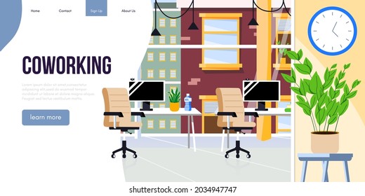 Coworking Office Space Interior. Empty Coworking or College Environment. Creative Office Workplace Horizontal Banner Flat Vector Illustration.