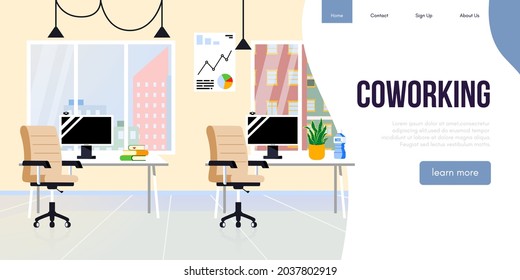 Coworking Office Space Interior. Empty Coworking or College Environment. Creative Office Workplace Horizontal Banner Flat Vector Illustration.