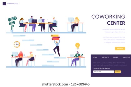 Coworking Office Space Landing Page. People Freelancer Character Work by Laptop. Business Team Outsourcing Together in Open Loft Workspace Website or Web Page Template. Flat Vector Illustration