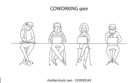 Coworking office space, people at laptops working together, thin line style vector