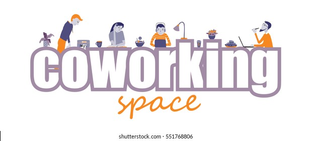 Coworking Office Space, Text And People Working Together, Style Vector Concept