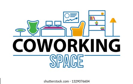 Coworking & Office Spaces logo in a modern interior. Coworking concept line icon. Simple element illustration. 