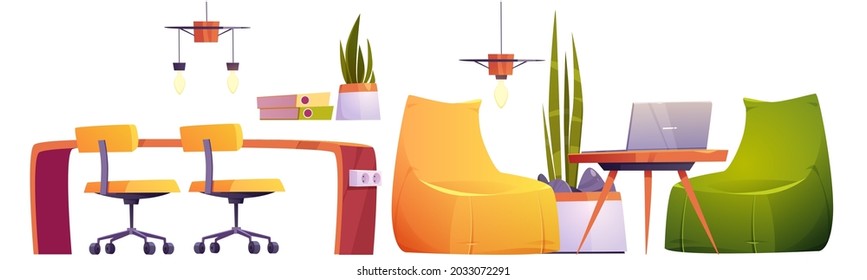 Coworking office with table, chairs, laptop, lamps and plants. Vector cartoon set of furniture for open space interior for corporate or freelance work isolated on white background