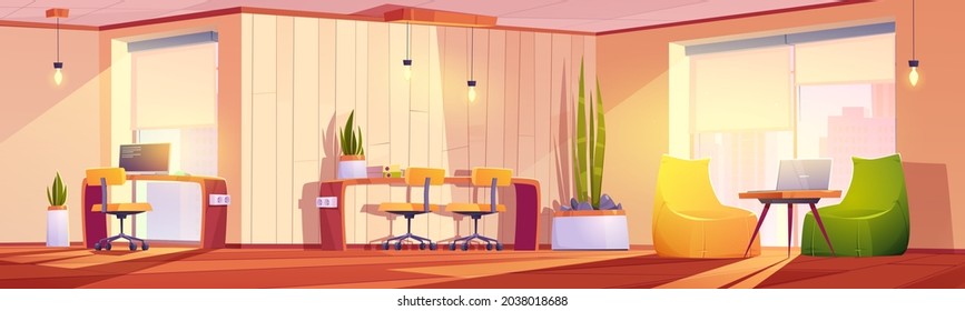 Coworking office with tables, chairs, laptops and plants. Vector cartoon empty interior of open space or home office with furniture for corporate or freelance work