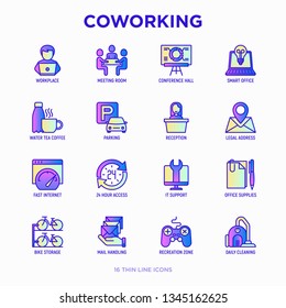 Coworking Office Thin Line Icons Set: Workplace, Meeting Room, Smart Office, Parking, Reception, Legal Address, 24 Hour Access, IT Support, Bike Storage, Recreation Zone. Vector Illustration.