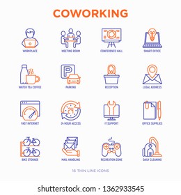 Coworking Office Thin Line Icons Set: Workplace, Meeting Room, Conference Hall, Smart Office, Parking, Reception, Legal Address, IT Support, Bike Storage, Recreation Zone. Vector Illustration.