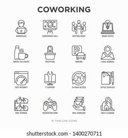 Coworking Office Thin Line Icons Set: Workplace, Meeting Room, Conference Hall, Smart Office, Parking, Reception, 24 Hour Access, IT Support, Bike Storage, Recreation Zone. Vector Illustration.