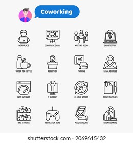 Coworking Office Thin Line Icons Set: Workplace, Meeting Room, Conference Hall, Smart Office, Parking, Reception, 24 Hour Access, IT Support, Bike Storage, Recreation Zone. Vector Illustration.