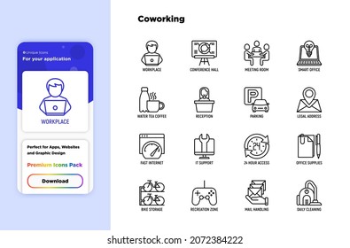 Coworking Office Thin Line Icons Set: Workplace, Meeting Room, Conference Hall, Smart Office, Parking, Reception, 24 Hour Access, IT Support, Bike Storage, Recreation Zone. Vector Illustration.