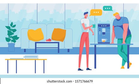 Coworking Office with Two Man Talking Flat Cartoon Vector Illustration. Modern Company, Working Center Indoor with Big Windows. Businesspeople at Shared Workplace. Drinking Coffee.