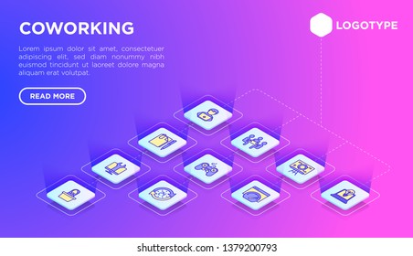 Coworking office web page template with thin line isometric icons: workplace, meeting room, conference hall, smart office, parking, reception, 24 hour access, IT support. Vector illustration.