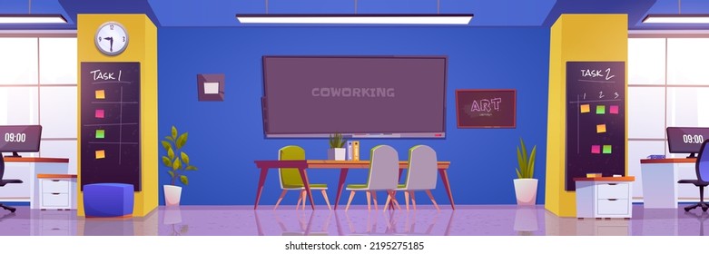 Oficina de coworking, interior de trabajo con mesa, sillas, escritorio con pc, tableros de tareas, ventanales amplios. Lugar cómodo, sala de juntas para reuniones de negocios y cooperación, ilustración del vector de dibujos animados