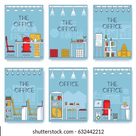coworking office workplace outline brochure cards set. Creative studio template of flyear, magazines, poster, book cover, banners. business thin line concept background. Layout modern page 