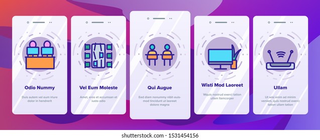 Coworking Onboarding Mobile App Page Screen Vector Thin Line. Working Table Place With Computer, Laptop And Lamp, Tea Cup And Clock Coworking Concept Linear Pictograms. Color Contour Illustrations