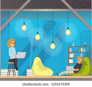 Coworking Open Space Center Concept. Freelance Office Interior. Shared working environment. People Talking and Working at Laptop. Flat Cartoon Vector Illustration