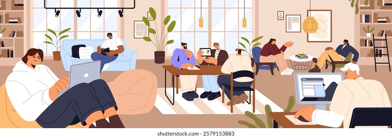 Coworking openscape banner. People work with laptops in open space. Colleagues communicate, relax in lounge zone in modern office. Business area, cozy workplace, workspace. Flat vector illustration