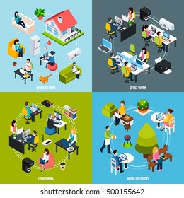 Coworking People Concept Icons Set With Freelance Symbols Isometric Isolated Vector Illustration 