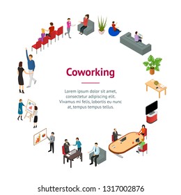 Coworking People and Equipment 3d Banner Card Circle Isometric View. Vector