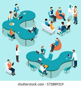 Coworking people isometric set with employees discussing project and brainstorming together isolated vector illustration