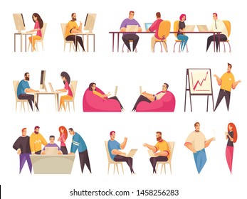 Coworking people set with teams of creative employees working together at big desk or discussing business problems isolated vector illustration