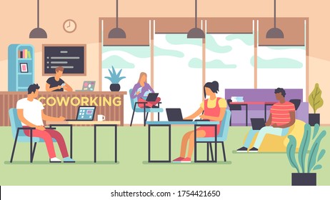 Coworking. People talking and working at computers in open space office, multinational employees, workers together flat vector freelance concept