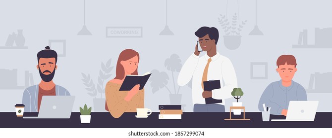 Coworking people vector illustration. Cartoon flat freelance businessman coworkers, young employee team of characters sitting together at table or desk, working on tasks, business teamwork background