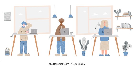 Coworking. People working. cute young various characters study together. Vector flat cartoon color illustration.