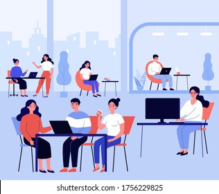 Co-working place concept. Office people using computers at workplaces, tea, meeting together. Flat vector illustration for business, community, work space topics