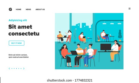Co-working place concept. Office people using computers at workplaces, tea, meeting together. Flat vector illustration for business, community, work space topics