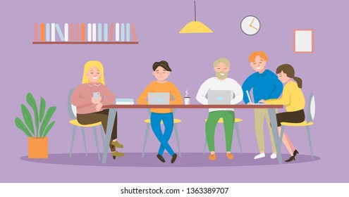 Coworking place with working people sitting at the table. Business team working together at the big desk with laptops. Flat design vector illustration.