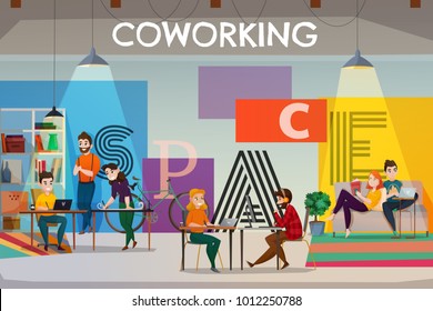 Coworking poster background with text and flat open space interior with tables sofas and people characters vector illustration