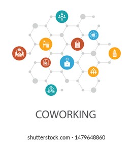 Coworking presentation template, cover layout and infographics.creative office, collaboration, workplace, sharing economy simple icons