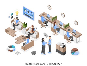 Coworking process. Creative people working in open space. Business development, corporate managers using laptops and smartphones, flawless vector scene