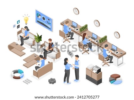 Coworking process. Creative people working in open space. Business development, corporate managers using laptops and smartphones, flawless vector scene