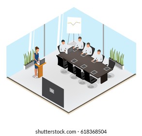 Co-working Process In Modern Office Conference Hall. Isometric Meeting Room. - Stock Vector