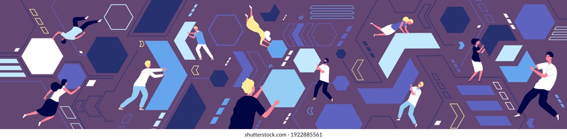 Coworking process. Working abstract puzzle, teamwork or collaboration problems. Flat geometric shapes, cartoon partnership utter vector banner