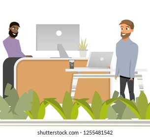 Coworking Reception Man Invite to Work Hipster in Openspace Office with Laptop. Cartoon Flat Characters Illustration in Working Places and Lounge Zone