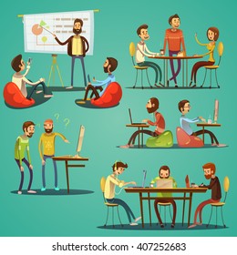 Coworking retro cartoon set with freelancers working in creative space isolated vector illustration