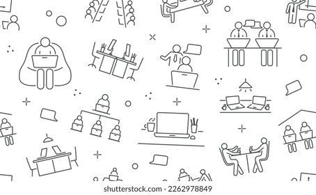 Coworking seamless pattern. Repeating design element for printing on fabric. Partners, team and colleagues, remote employees. Business structure, interaction. Cartoon flat vector illustration