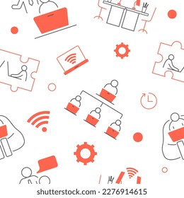 Coworking seamless pattern. Repeating design element for printing on fabric. Teamwork and partnerships, company or organization structure and efficient workflow. Cartoon flat vector illustration