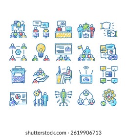 Coworking Service Collection doodle icons set vector. Coworking Working Place Conference Meeting, Wifi Router Server Data Center Device sketch hand drawn