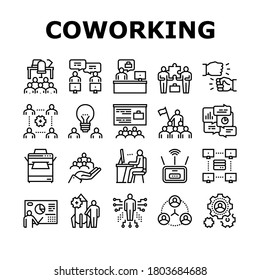 Coworking Service Collection Icons Set Vector. Coworking Working Place And Conference Meeting, Wifi Router And Server Data Center Device Black Contour Illustrations