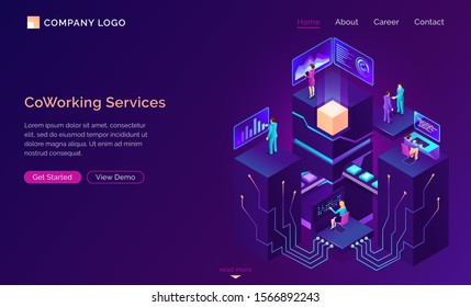 Coworking service isometric concept vector. Modern coworking office with workspaces and employee, large server with connections and conveyor belt with data. Information processing and analysis